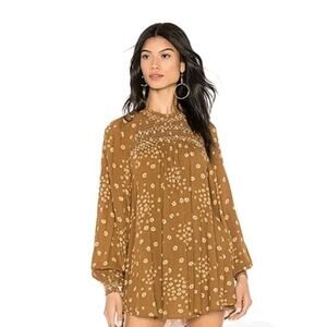 Free People Flowers In Her Hair Tunic Womens XS Brown Boho Hippie Blouse Long Sl